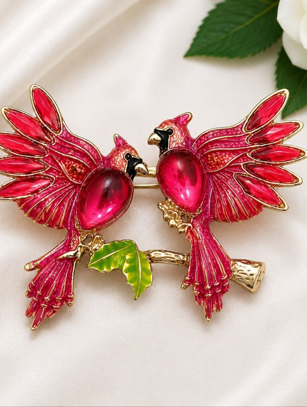 Red Cardinal Love Birds Enamel Rhinestone Brooch Pin